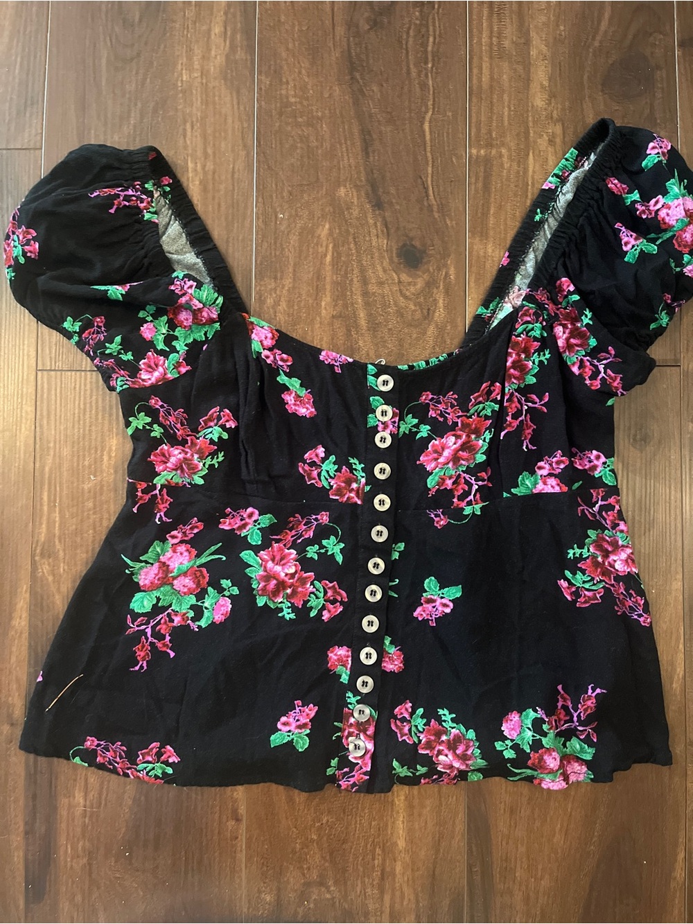 Free People Black Button-Front Puff Sleeve Top with Pink Floral Print